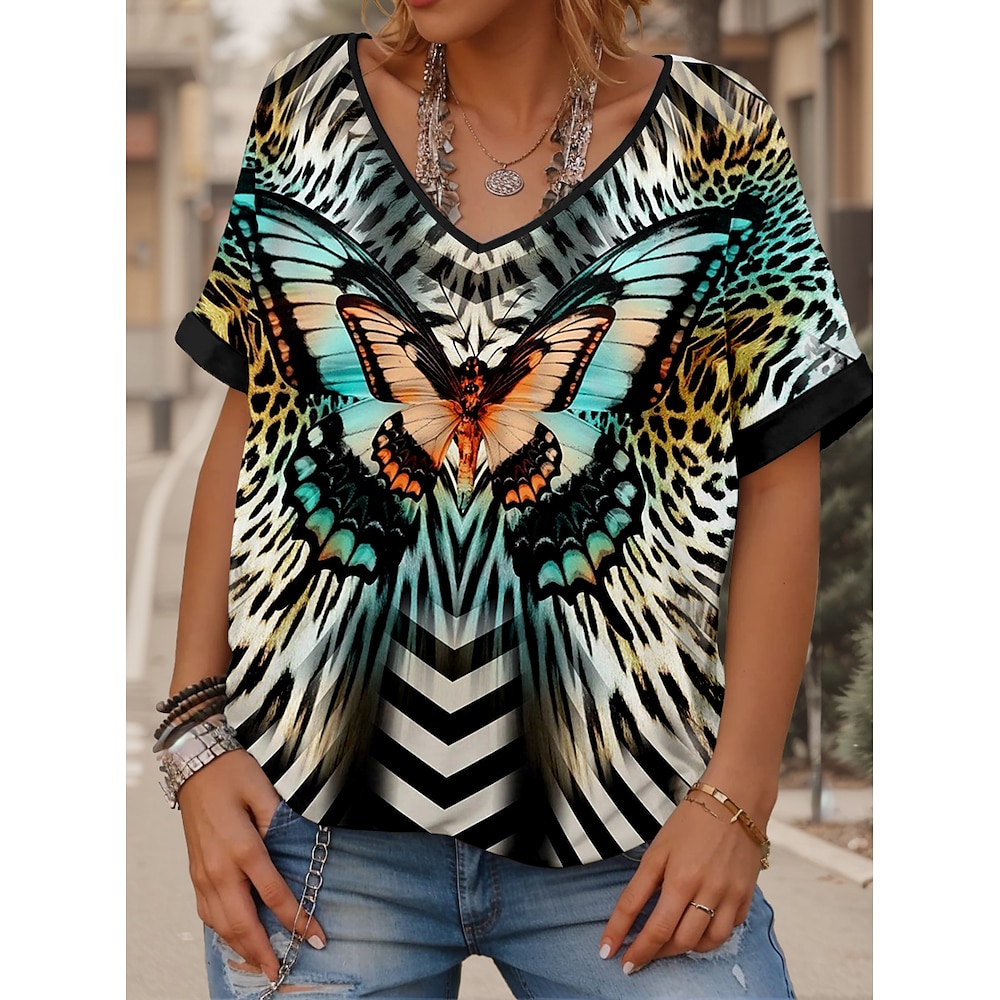 Damen T Shirt Brautkleider schlicht Schmetterling Normale Oberteile Kurzarm V Ausschnitt Bedruckt Täglich Wochenende Blau Sommer Frühling Lightinthebox