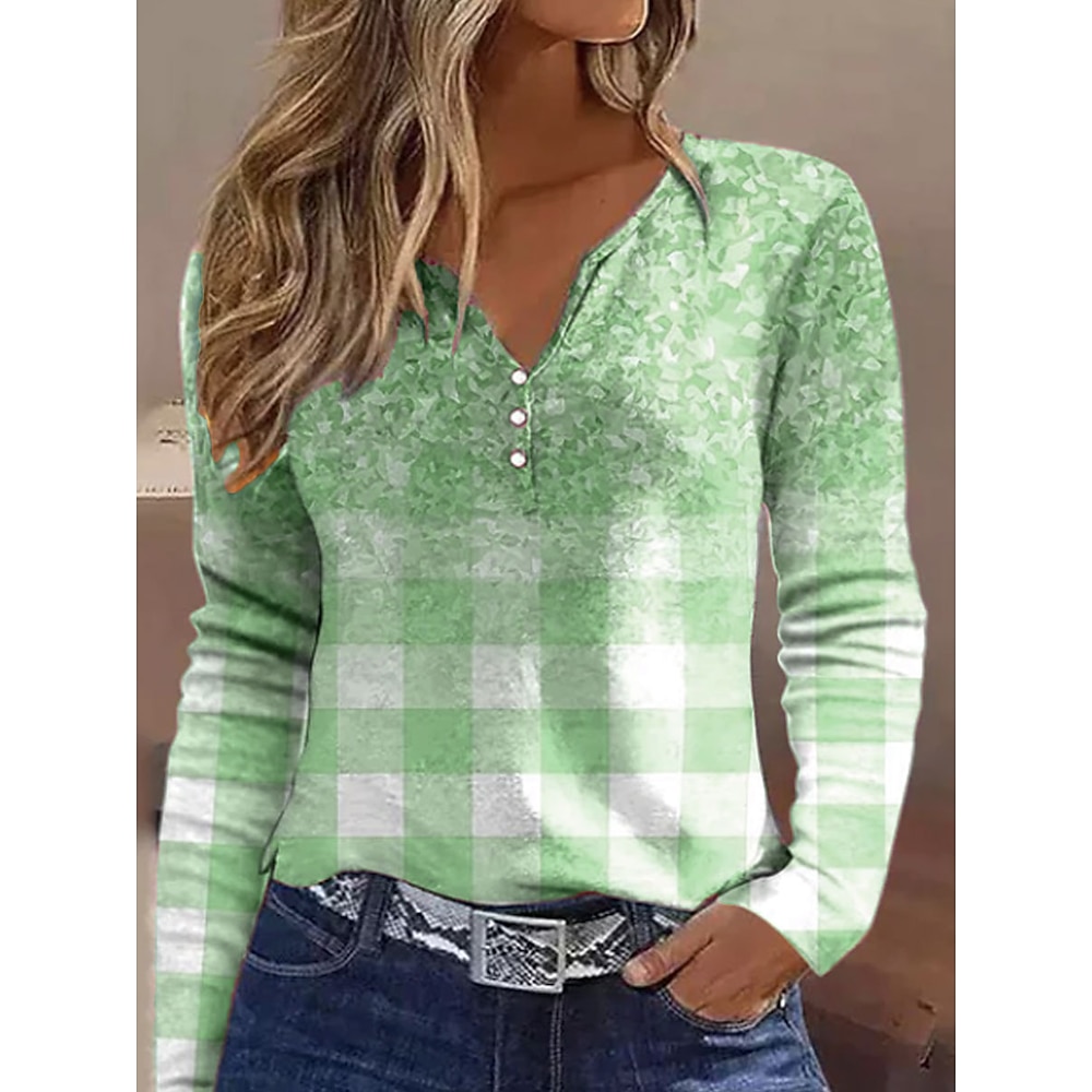 Damen T Shirt Plaid Brautkleider schlicht Langarm Gekerbter Hals Normale Oberteile Täglich Bedruckt Rosa Grün Frühling Herbst Lightinthebox