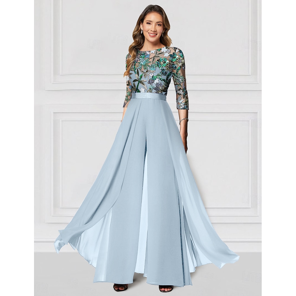 Blumen Jumpsuit Besticktes Mutter der Braut Kleid Formelle Hochzeit Elegant Vintage Illusionsausschnitt bodenlang Chiffon Halbärmel mit Pailletten Derby Kleid 2025 Lightinthebox