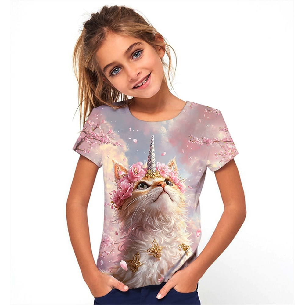 Mädchen 3D Graphic Katze T-Shirt Kurzarm Sommer Frühling Modisch Basic kinderkleidung 4-12 Jahre Rundhalsausschnitt Outdoor Casual Täglich Regular Fit Lightinthebox