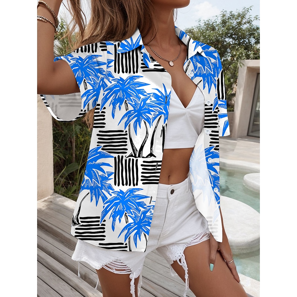 Damen Bluse Blatt Stilvoll Strand Design Kurzarm Hemdkragen Normale Oberteile Täglich Knopf Bedruckt Blau Frühling Herbst Lightinthebox