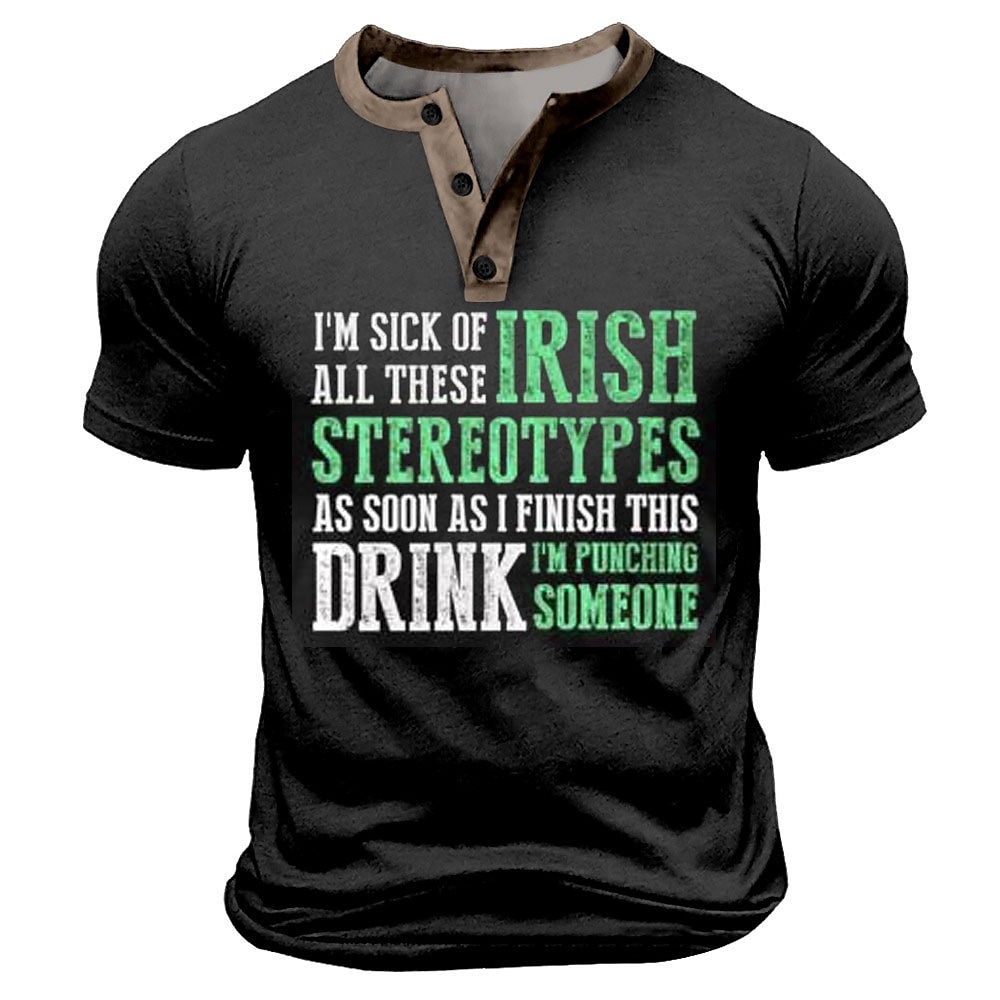 Herren St. Patrick Text Lustig Glücksklee T Shirt Henley Shirt Kurzarm Designer Retro Vintage Strasse Casual Täglich Sommer Frühling Armee-Grün Schwarz Marineblau Lindgrün Henley Henley T-Shirt Lightinthebox