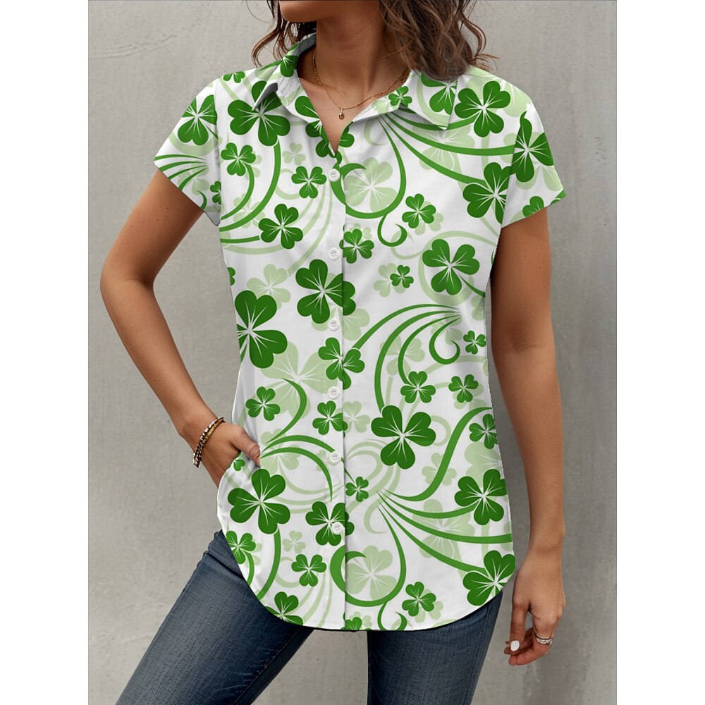 Frauent-Shirt zum St. Patrick's Day Shamrock Täglich Kurzarm Kapellenärmel Hemdkragen Lange Tops Täglich Grasgrün Sommer Frühling Lightinthebox