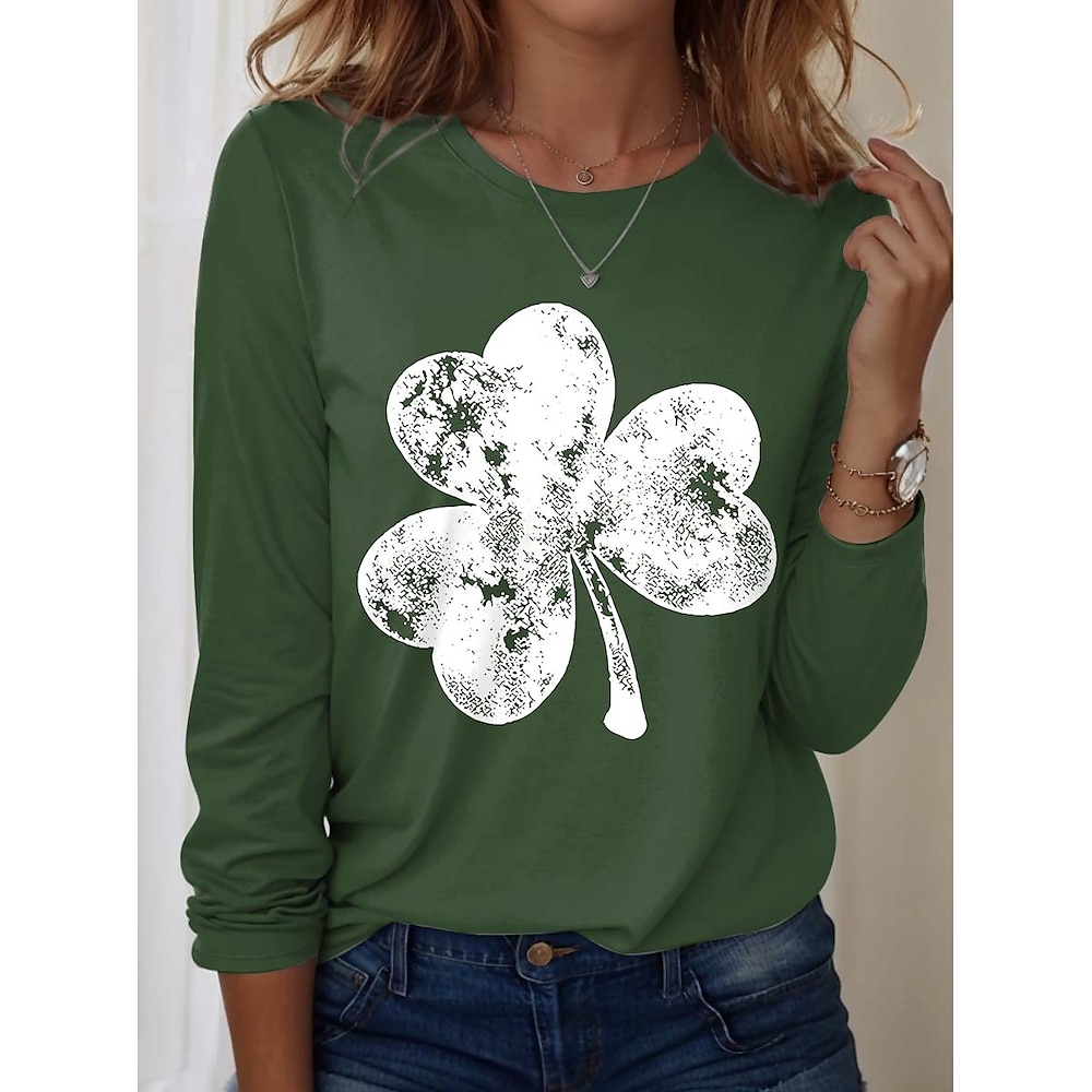 St. Patrick Damen T Shirt Kleeblatt Pflanzen Brautkleider schlicht Langarm Rundhalsausschnitt Normale Oberteile Täglich Bedruckt Grün Frühling Herbst Lightinthebox