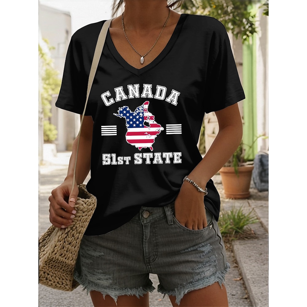 Damen T Shirt Buchstabe Amerikanische Flagge Brautkleider schlicht Kurzarm V Ausschnitt Normale Oberteile Täglich Bedruckt Schwarz Sommer Lightinthebox