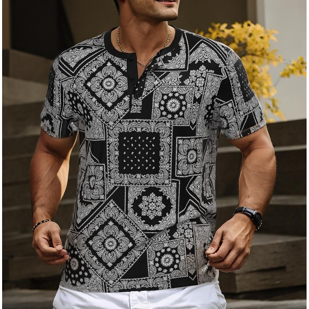 Herren Blumen Ethnisch T Shirt Henley Shirt Kurzarm Designer Retro Vintage Strasse Casual Täglich Sommer Frühling Schwarz Henley Henley T-Shirt Lightinthebox