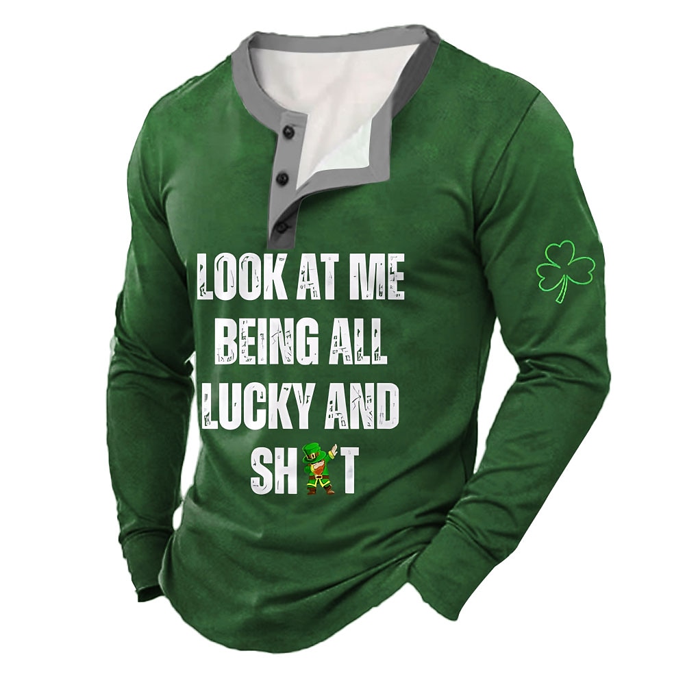 Herren St. Patrick Graphic Clover Henley Shirt Langarm Modisch Kuschelig Täglich Casual Festtage Ausgehen Frühling Herbst Schwarz Grün Henley Henley T-Shirt Lightinthebox