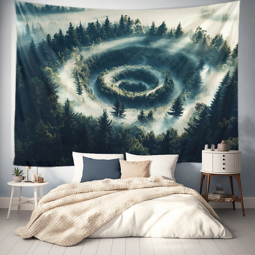 Landschaft Wald Nebel Hängende Wandteppich Wandkunst Großer Wandteppich Wandmalerei Dekor Fotografie Hintergrund Decke Vorhang Heim Schlafzimmer Wohnzimmer Dekoration Lightinthebox