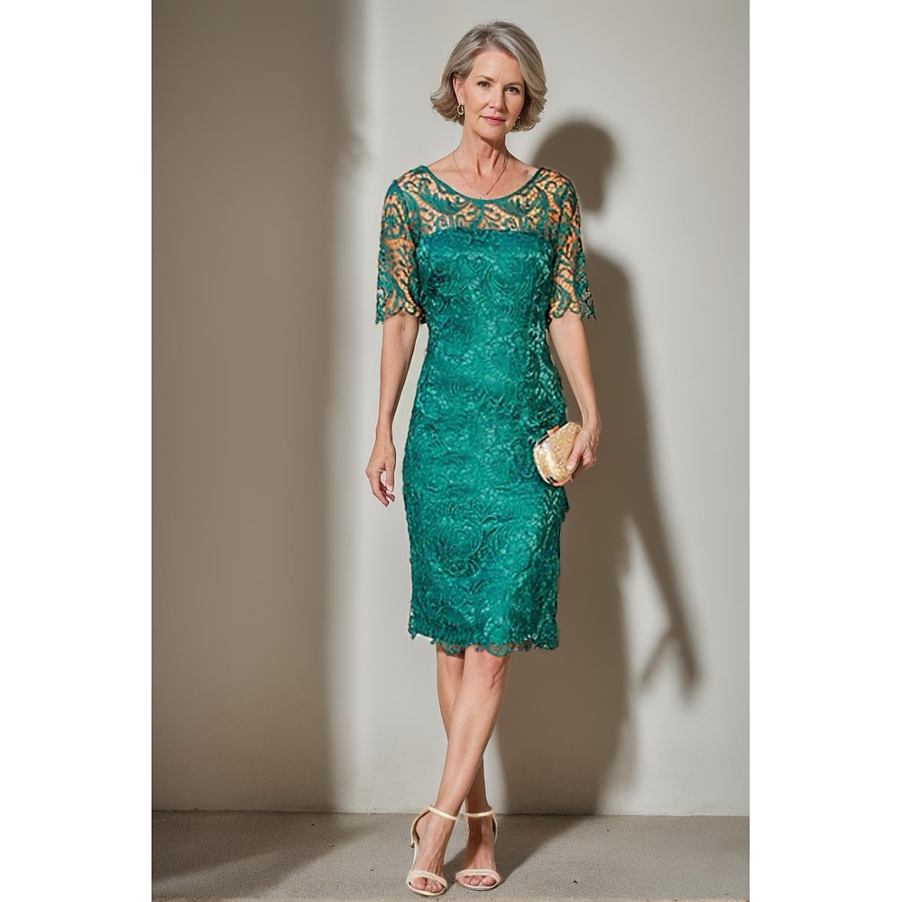 Etuikleid Säulen Kleid Mutter der Braut Kleid Elegant Vintage Einfach Juwel Ausschnitt Tee-Länge Krepp Spitze Halbe Ärmel mit Einfarbig Derby Kleid 2025 Lightinthebox