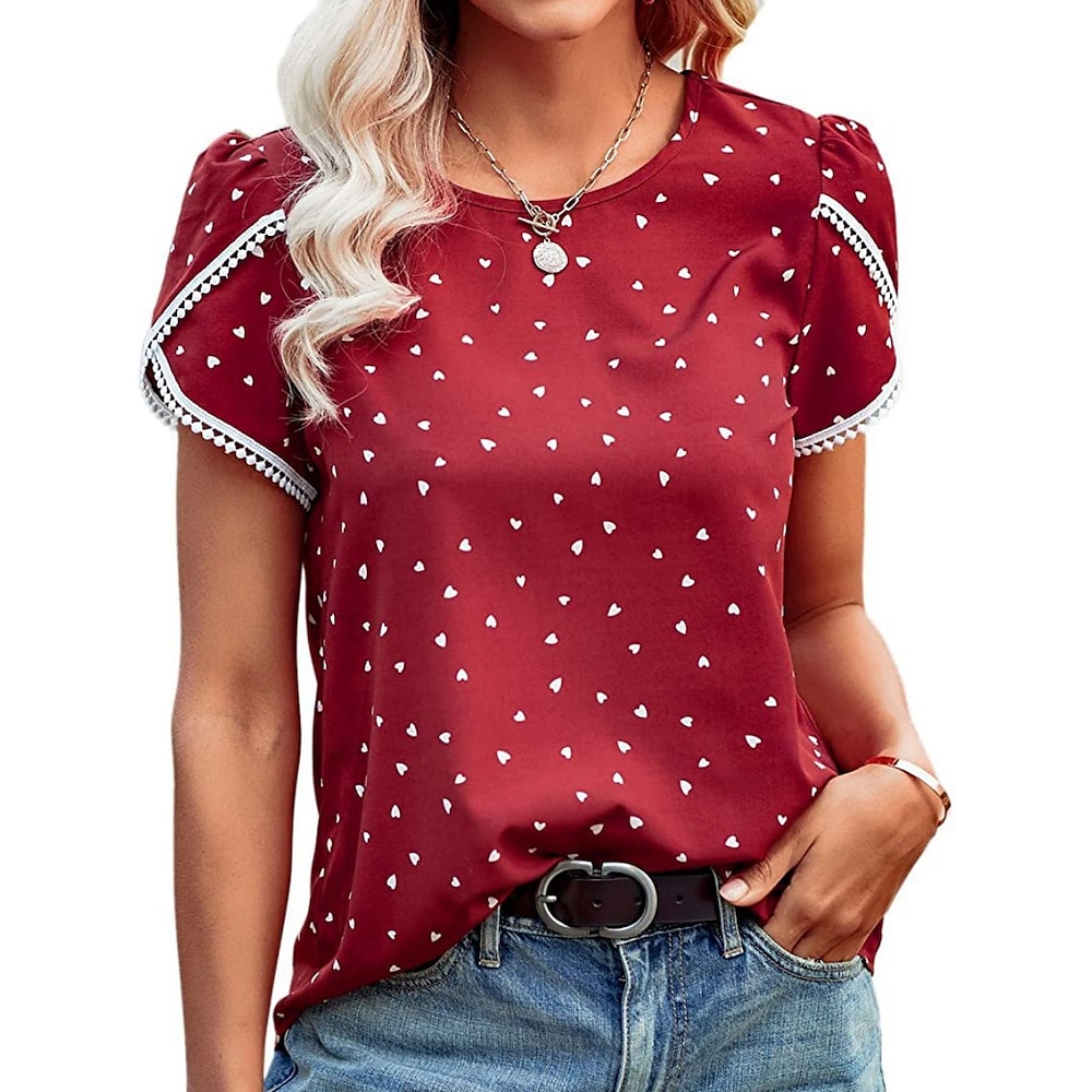 Damen Hemd Bluse Punkt Stilvoll Brautkleider schlicht Kurzarm Rundhalsausschnitt Normale Oberteile Täglich Bedruckt Schwarz Weiß Rosa Rote Blau Sommer Frühling Lightinthebox