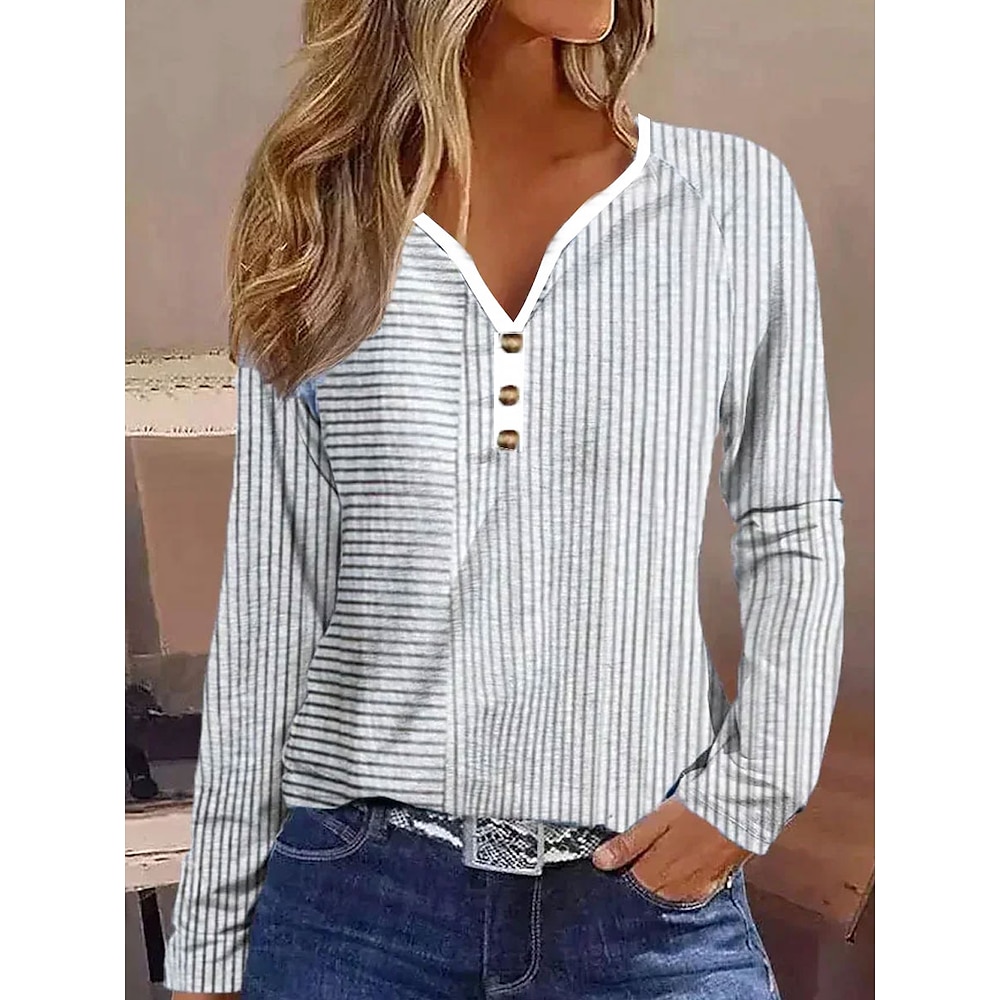 Damen T Shirt Gestreift Brautkleider schlicht Langarm Gekerbter Hals Normale Oberteile Täglich Bedruckt Grau Frühling Herbst Lightinthebox