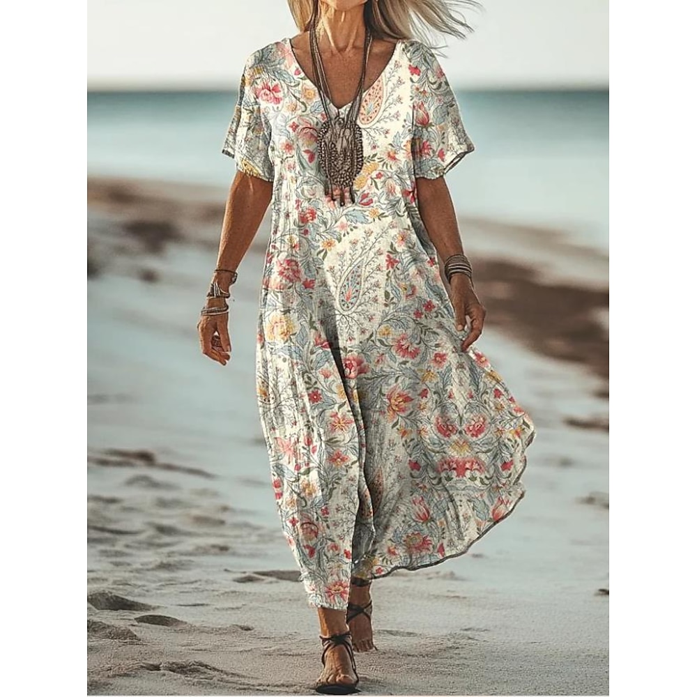 Damen Maxidress Casual kleid Sommerkleid A Linie Kleid Böhmen Urlaub Vintage Urlaub Täglich Regular Fit Blumen Graphic Kurzarm V Ausschnitt Beige Sommer Lightinthebox