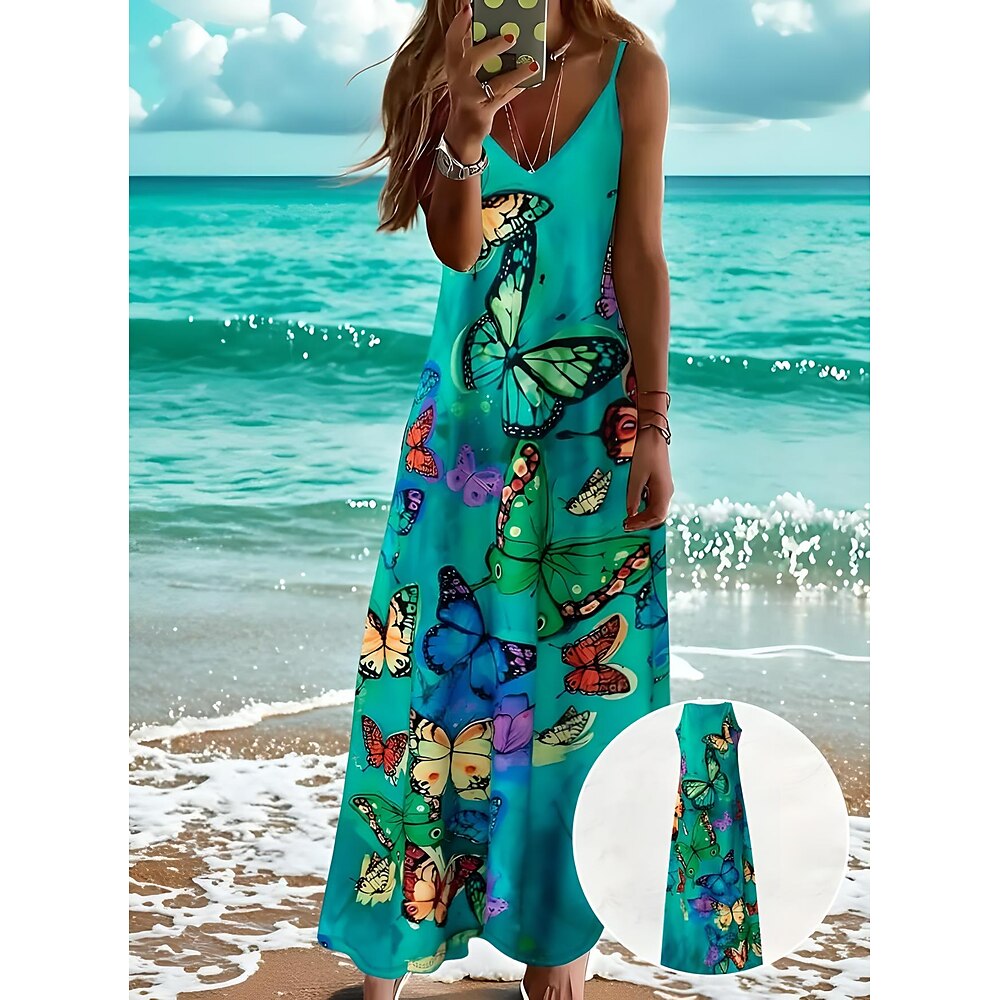 Damen Maxidress Casual kleid Maxidress Sommerkleid A Linie Kleid Urlaub Tropisch Brautkleider schlicht Urlaub Casual Täglich Regular Fit Blumen Schmetterling Ärmellos V Ausschnitt Grün Sommer Frühling Lightinthebox