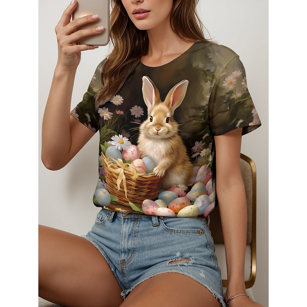 Ostern Damen Bluse Blumen Graphic Tier Stilvoll Brautkleider schlicht Kurzarm Rundhalsausschnitt Normale Oberteile Täglich Bedruckt Salbeigrün Sommer Frühling Lightinthebox