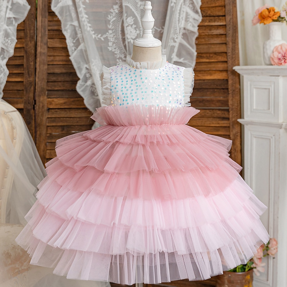 Blumenmädchenkleid Mädchen Prinzessinenkleid Party Kleid Hochzeit Besondere Anlässe Prinzessin Pailletten Feste Farbe Ärmellos Rundhalsausschnitt Rosa Blau 3-12 Jahre Lightinthebox