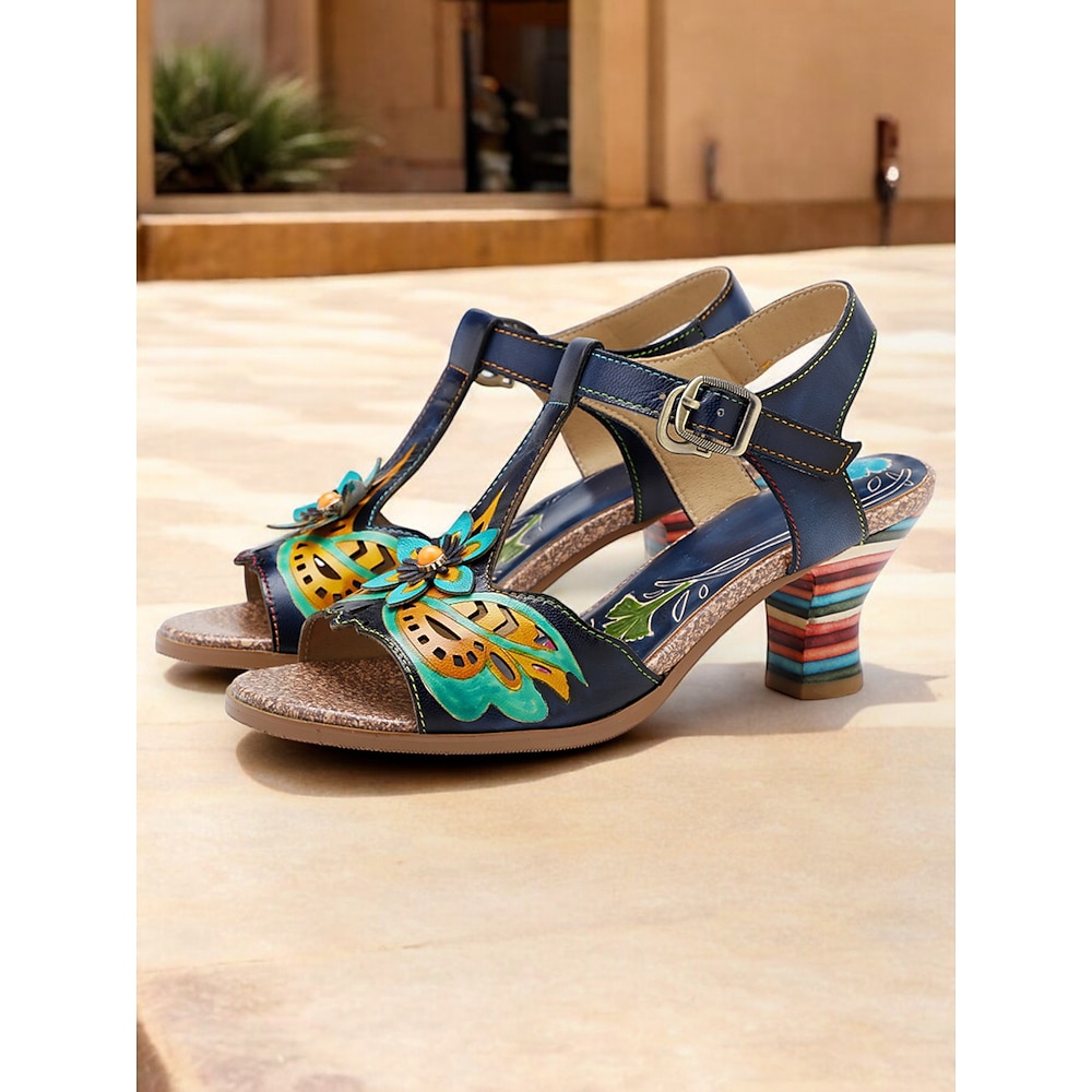 Damen Sandalen Urlaub Täglich Blumen Niete Schnalle Blume Keilabsatz Runde Zehe Urlaub Vintage Leder Schnalle Blau Lightinthebox