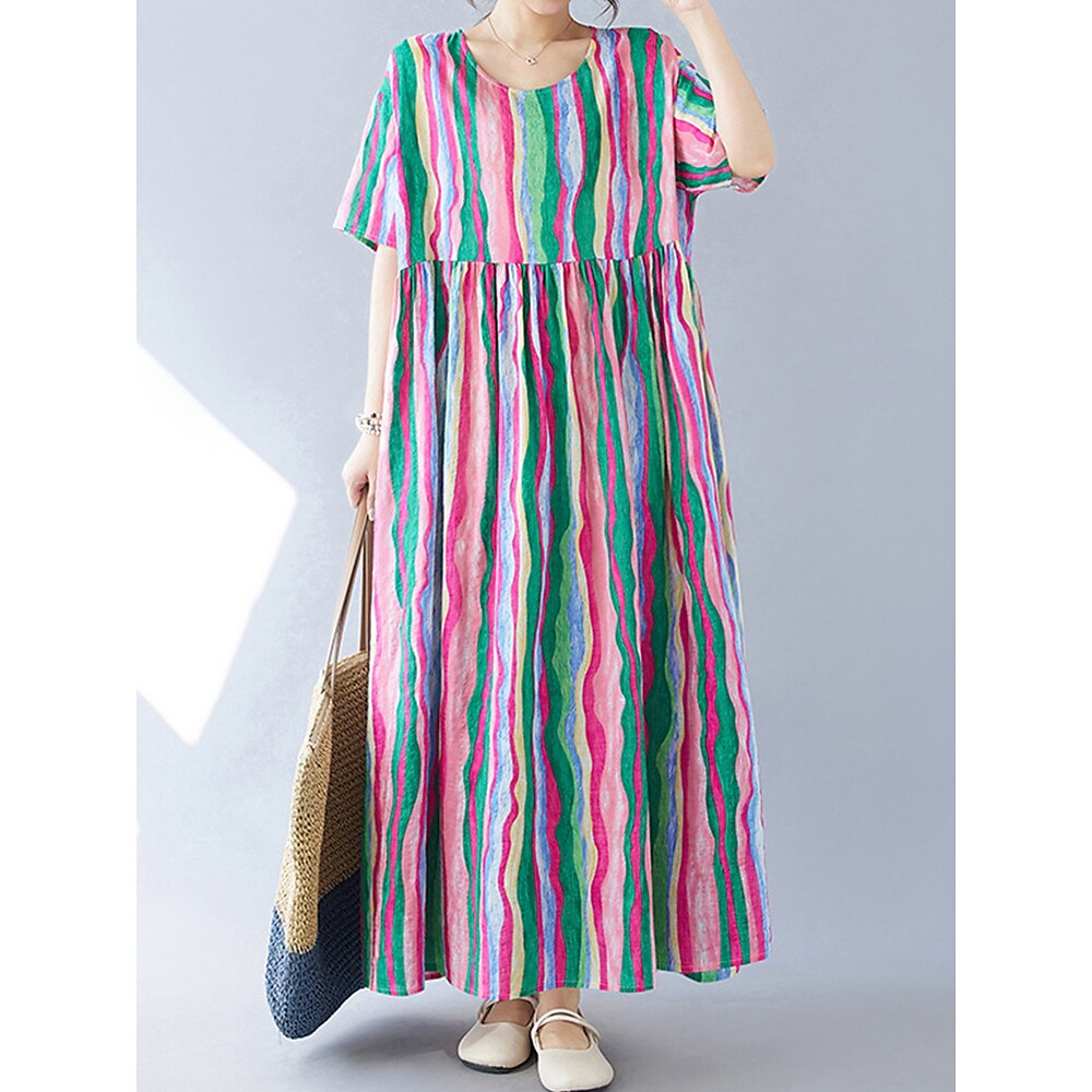 Damen Baumwoll-Leinenkleid Boho Chic Kleider A Linie Kleid Basic Brautkleider schlicht Urlaub Täglich Regular Fit Farbblock Kurzarm Rundhalsausschnitt Regenbogen Sommer Lightinthebox