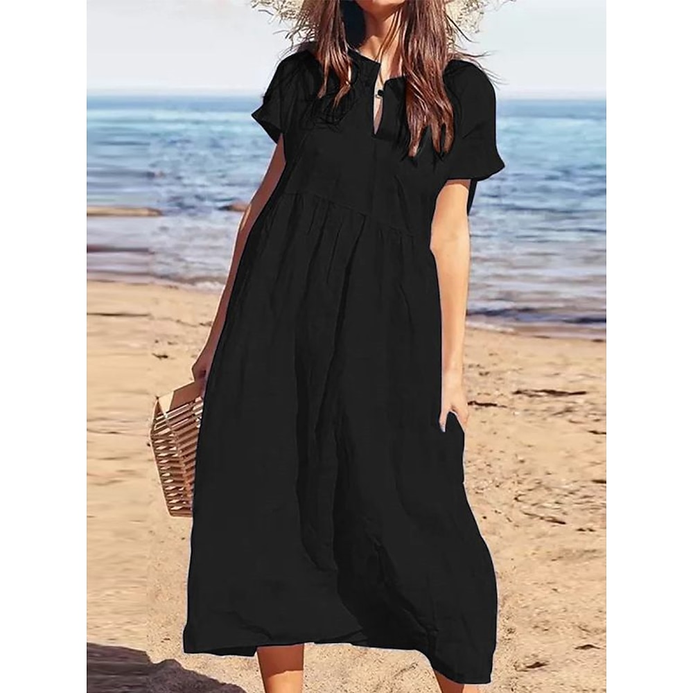 Damen Casual kleid Baumwoll-Leinenkleid A Linie Kleid Basic Brautkleider schlicht Urlaub Täglich Regular Fit Glatt Kurzarm V Ausschnitt Schwarz Wein Königliches Blau Dunkelblau Sommer Lightinthebox