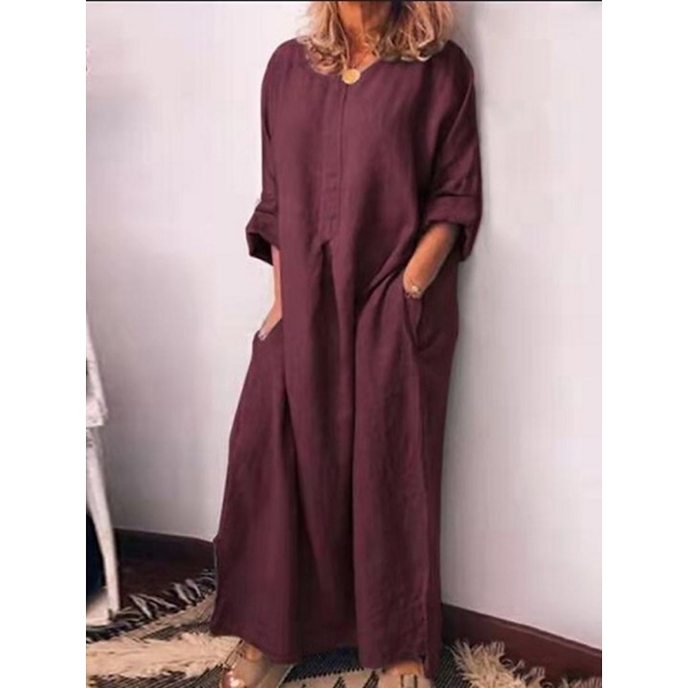 Damen Maxidress Casual kleid Baumwoll-Leinenkleid Basic Brautkleider schlicht Urlaub Täglich Regular Fit Glatt Langarm V Ausschnitt Wein Grün Grau Sommer Lightinthebox