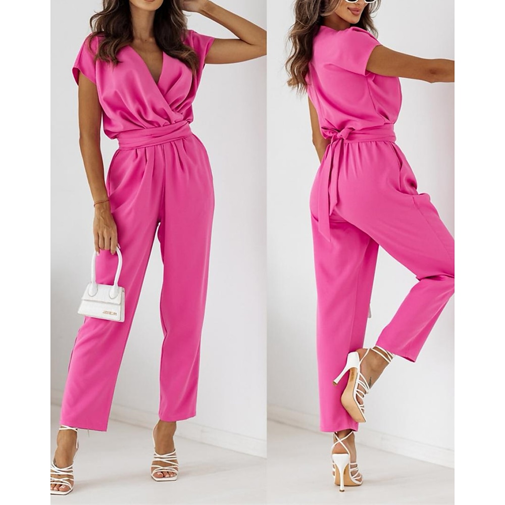 Damen Normal Jumpsuit Strassenmode Feste Farbe Halbe Ärmel V Ausschnitt Tasche Angeschnallt Strasse Täglich Regular Fit Schwarz Fuchsie Aprikose Sommer Lightinthebox