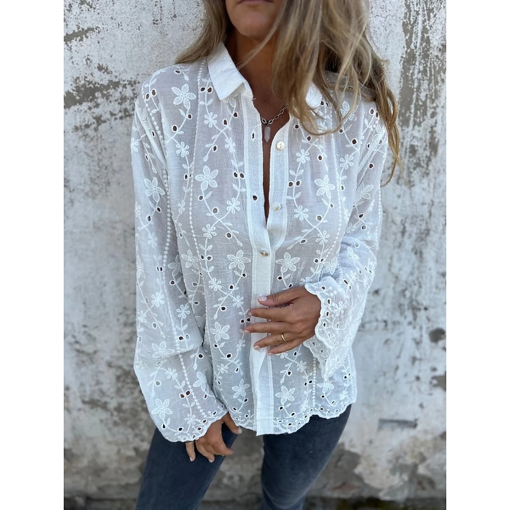 Damen Hemd Bluse Feste Farbe Stilvoll Brautkleider schlicht Langarm Hemdkragen Normale Oberteile Täglich Knopf Öse Weiß Beige Sommer Frühling Lightinthebox