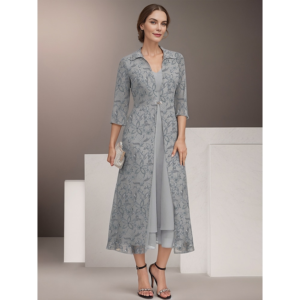 zweiteiliges Kleid für die Mutter der Braut, elegantes Vintage-Hemdkragen, knielanges Chiffon, 3/4-Ärmel, florale Spitzenjacke, Kleider 2025 Lightinthebox