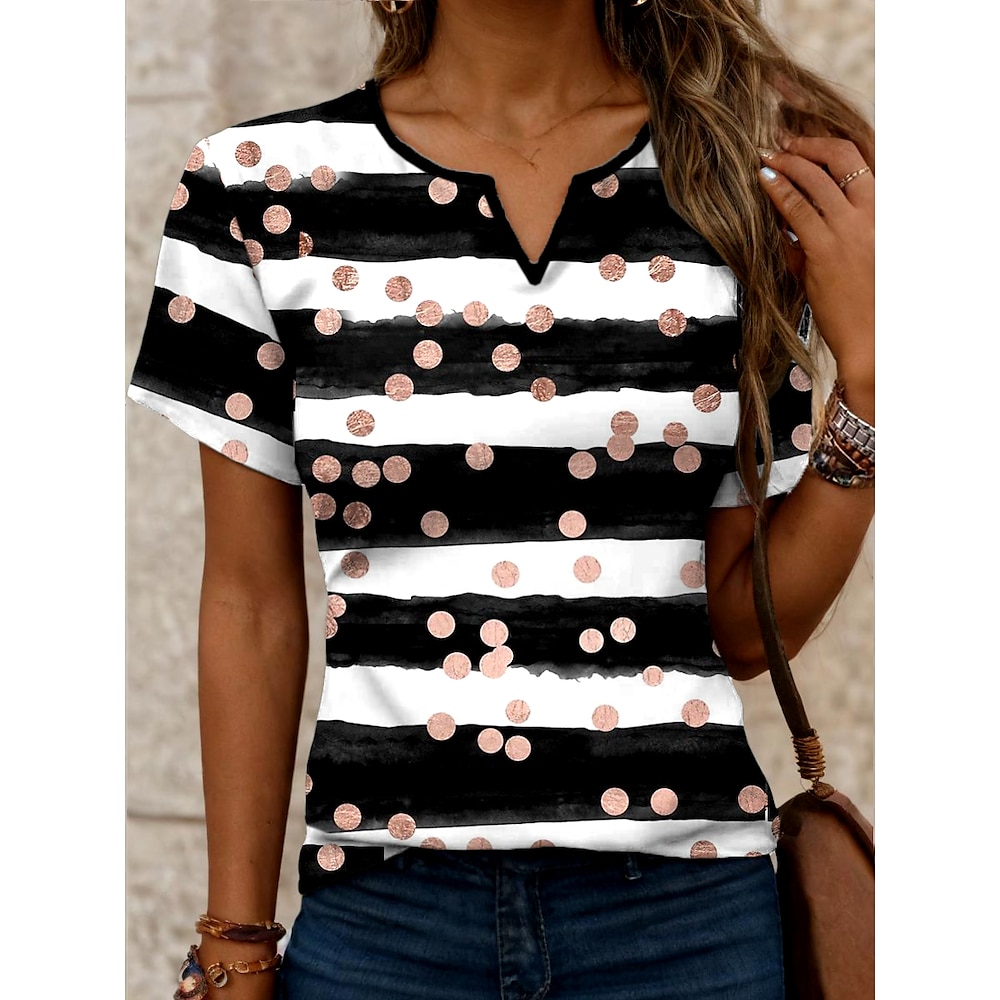 Damen T Shirt Punkt Gestreift Brautkleider schlicht Kurzarm Gekerbter Hals Normale Oberteile Täglich Bedruckt Schwarz Sommer Frühling Lightinthebox