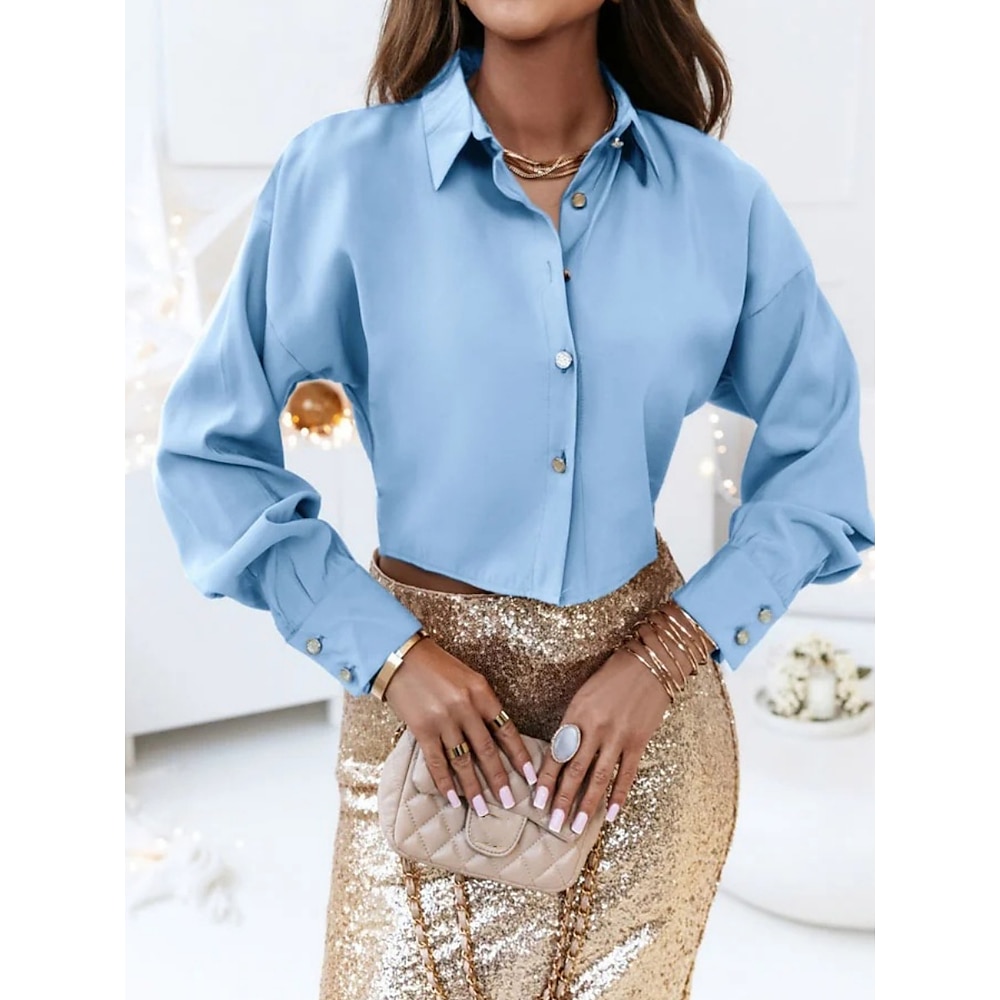 Damen Hemd Bluse Feste Farbe Stilvoll Brautkleider schlicht Langarm Hemdkragen Normale Oberteile Täglich Knopf Blau Khaki Sommer Frühling Lightinthebox