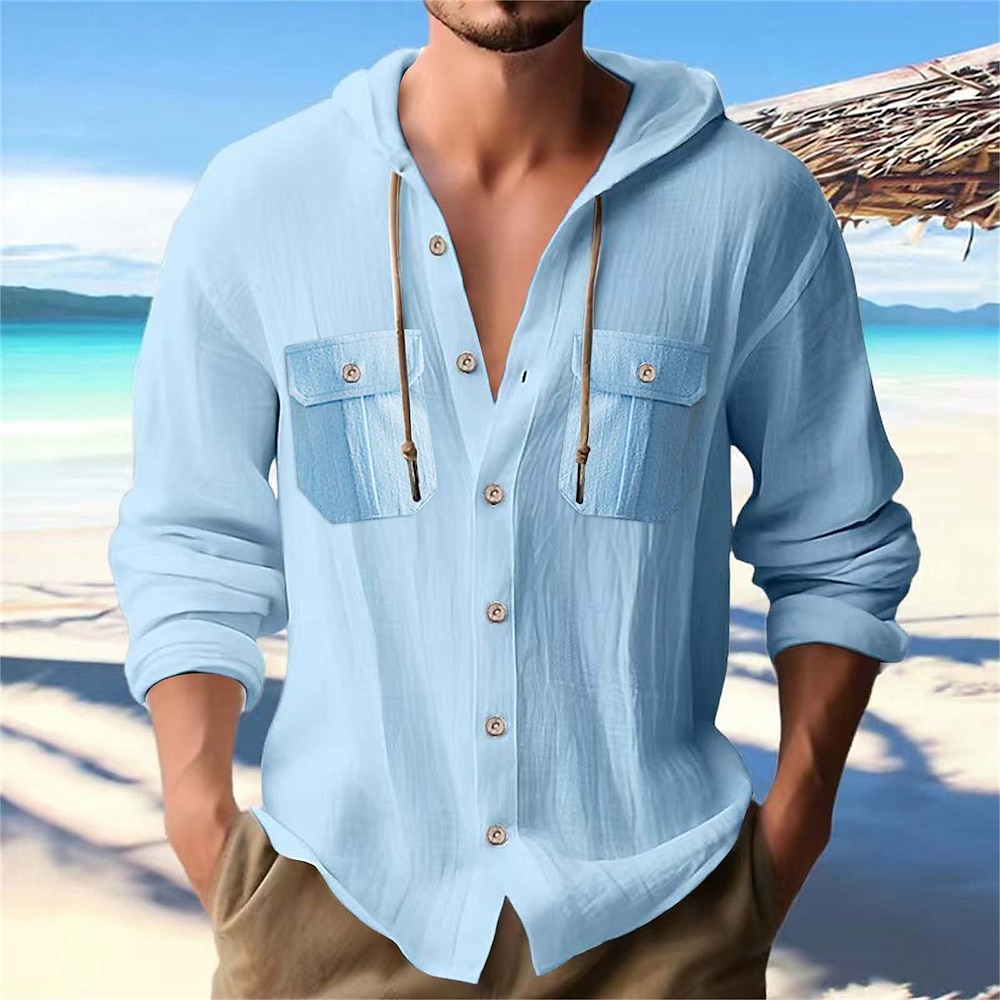 Herren Hemd Weißes Baumwollhemd Lässiges Hemd Knopfhemd Baumwoll-Shirt Glatt Urlaub Strasse Schwarz Weiß Blau Khaki Langarm Mit Kapuze Frühling Bekleidung Tasche Lightinthebox