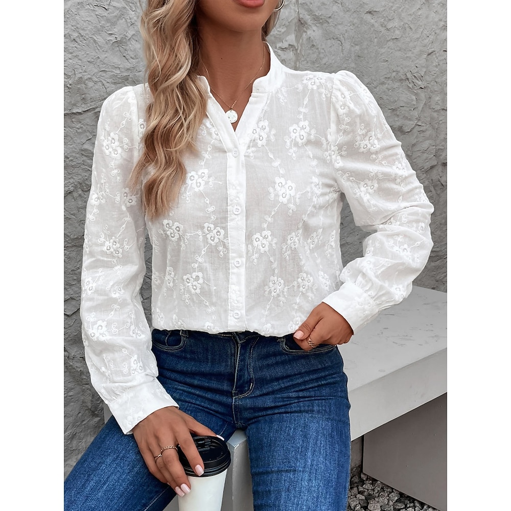 Damen Hemd Bluse Feste Farbe Stilvoll Brautkleider schlicht Langarm Gekerbter Hals Normale Oberteile Täglich Spitze Patchwork Weiß Sommer Frühling Lightinthebox