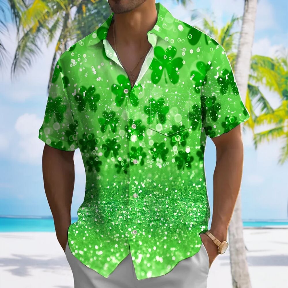 St. Patricks Day Herren Vierblättriges Kleeblatt Lässiges Hemd Knopfhemd Kurzarm Vintage Urlaub Geschenk Festtage Sommer Frühling Umlegekragen Hemden mit Kragen Grün Lightinthebox