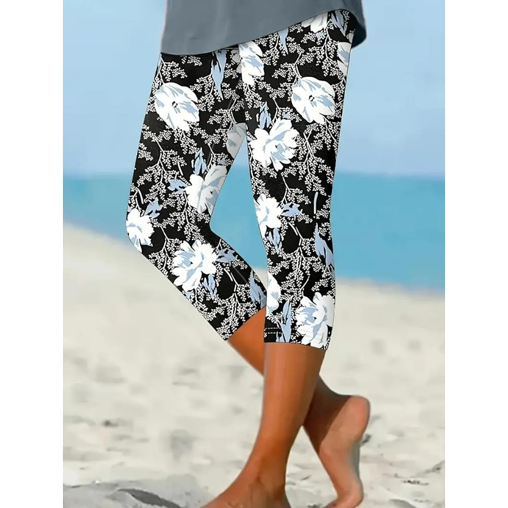 Damen Leggins Urlaub Modisch Hawaiianisch Knöchellänge Mittlere Taillenlinie Blumen Print warm Atmungsaktiv Weich Mikro-elastisch Urlaub Casual Täglich Asche Sommer Frühling Regular Fit Lightinthebox