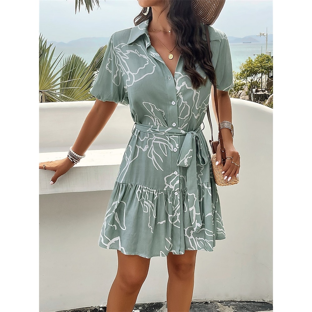 Damen Minikleid A Linie Kleid Kleid mit Puffärmeln Urlaub Urlaub Casual Täglich Regular Fit Graphic Kurzarm Hemdkragen Weiß Hellgrün Blau Grün Sommer Lightinthebox