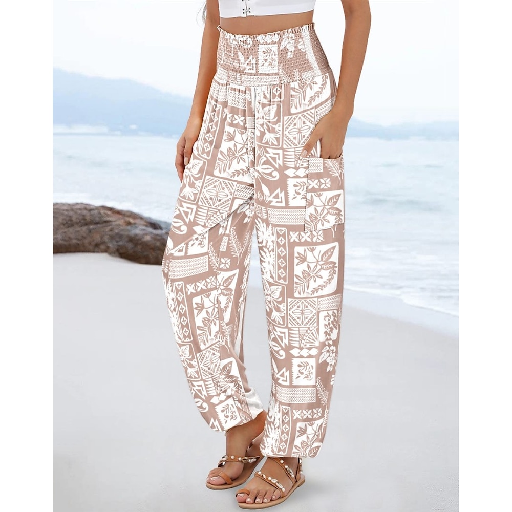 Damen Hose Schlabberhose Casual Chino In voller Länge Hoher Taillenbund Mehrfarbig Geometrie Tasche Print Hoher Schnitt Komfortabel Unelastisch Casual Rot orange Schwarz Weiß Blau Sommer Frühling Lightinthebox