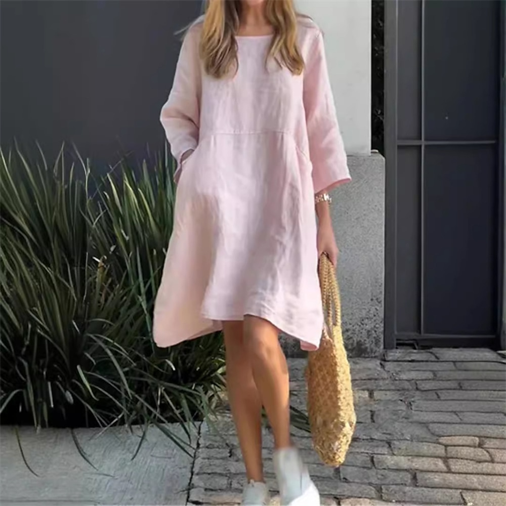 Damen Casual kleid Baumwoll-Leinenkleid Stilvoll Brautkleider schlicht Urlaub Täglich Verabredung Regular Fit Glatt Langarm Rundhalsausschnitt Gelb Rosa Orange Sommer Frühling Lightinthebox