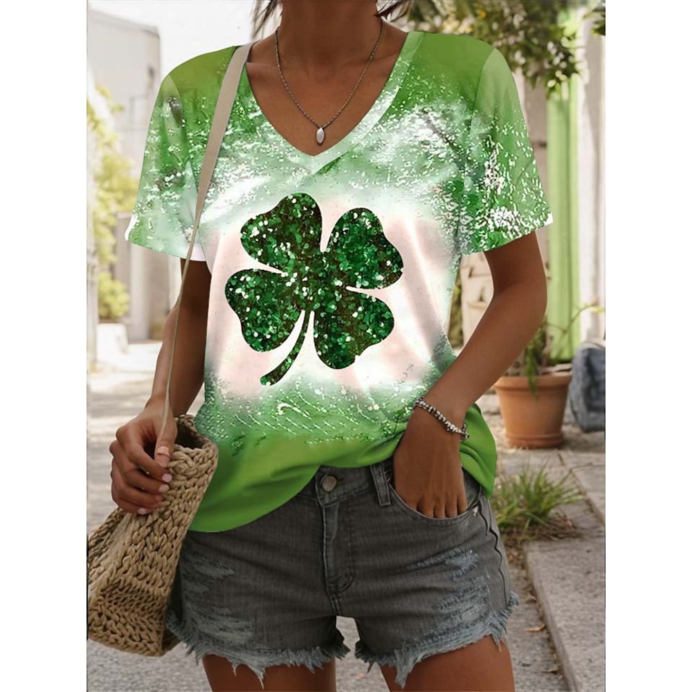 St. Patrick Damen T Shirt Kleeblatt Vintage Stilvoll Brautkleider schlicht Kurzarm V Ausschnitt Normale Oberteile Täglich Bedruckt Weiß Hellgrün Dunkelgrün Grün Sommer Frühling Lightinthebox