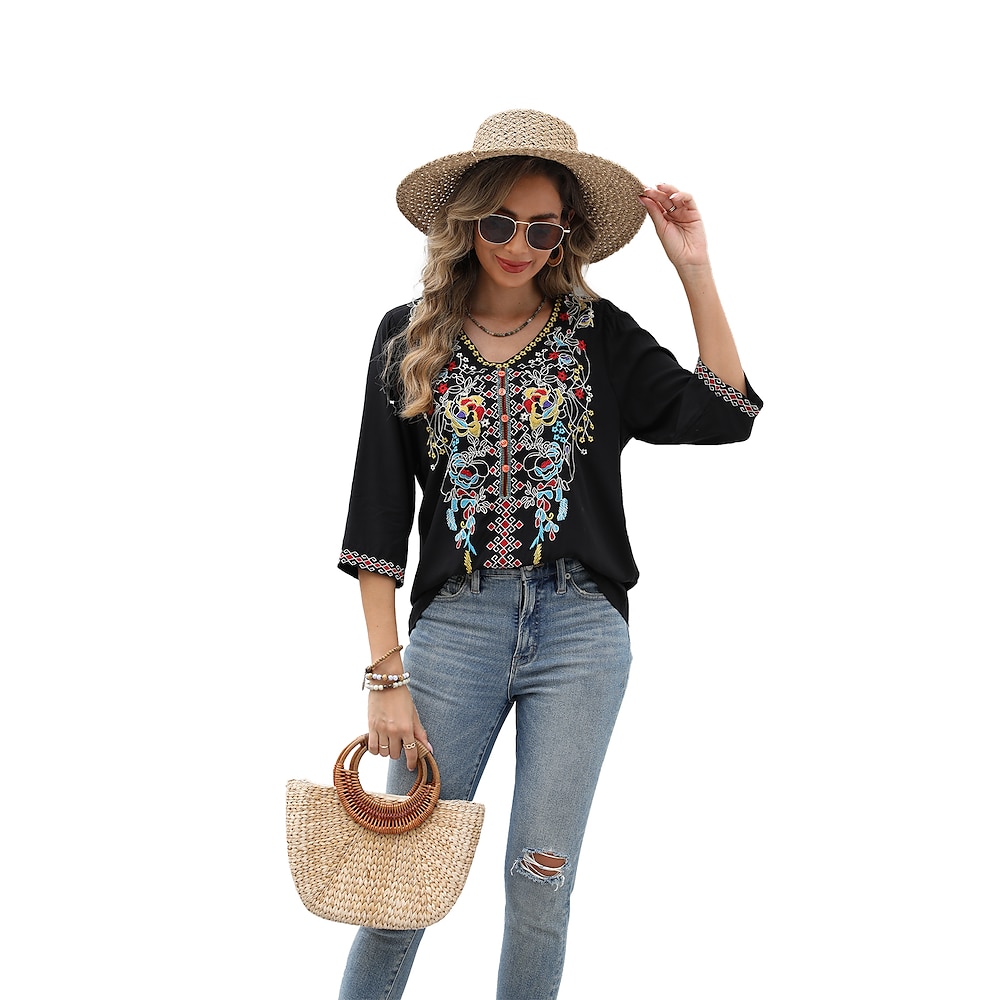 Damen Boho-Shirt Blumen Blume Brautkleider schlicht Langarm Ellbogenlange Ärmel V Ausschnitt Normale Oberteile Arbeit Täglich Ausgehen Bestickt Schwarz Weiß Sommer Lightinthebox