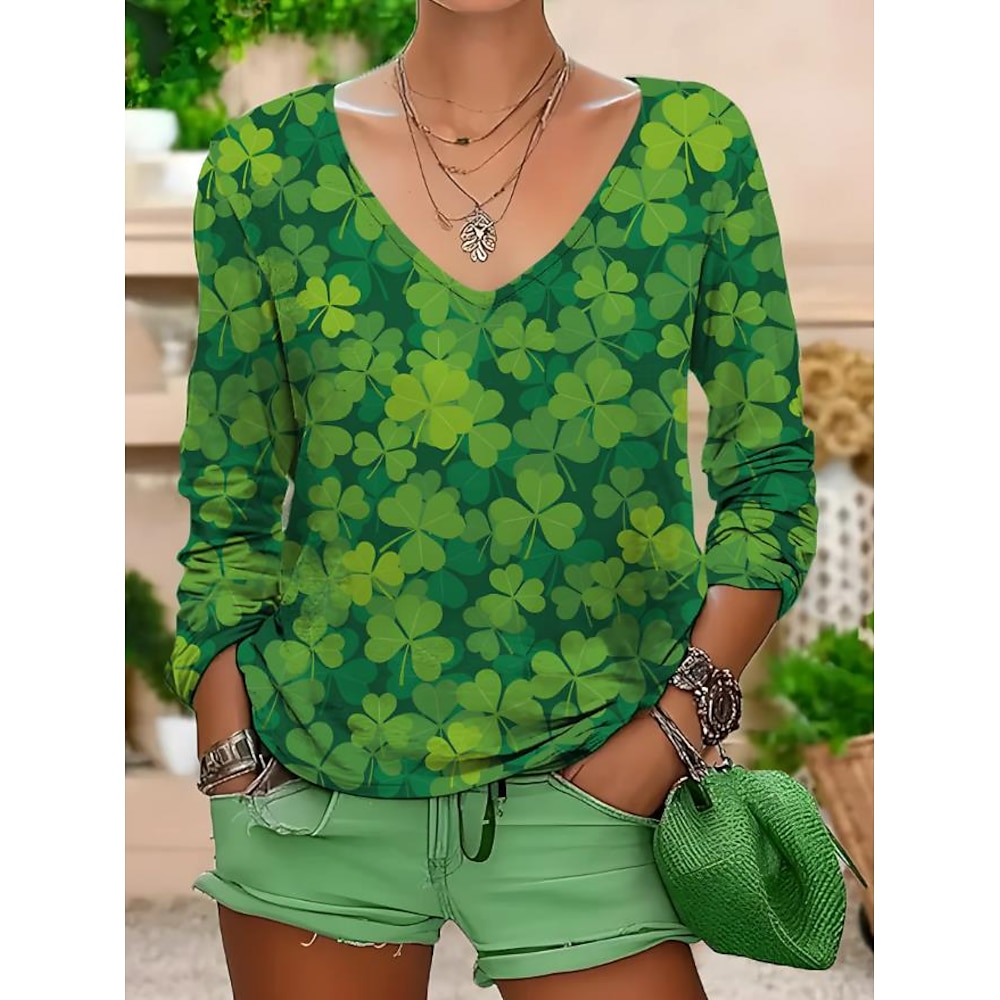 St. Patrick Damen T Shirt Kleeblatt Modisch Modern Brautkleider schlicht Langarm Rundhalsausschnitt Normale Oberteile Täglich Wochenende Bedruckt Grün Herbst Winter Lightinthebox