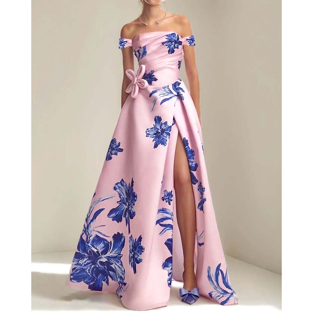 A-Linien-Abendkleid mit Blumendruck, elegantes Kleid, formelle Abendparty, bodenlang, abnehmbare Ärmel mit einer Schulter und Blumen mit Falten und Schlitz 2025 Lightinthebox