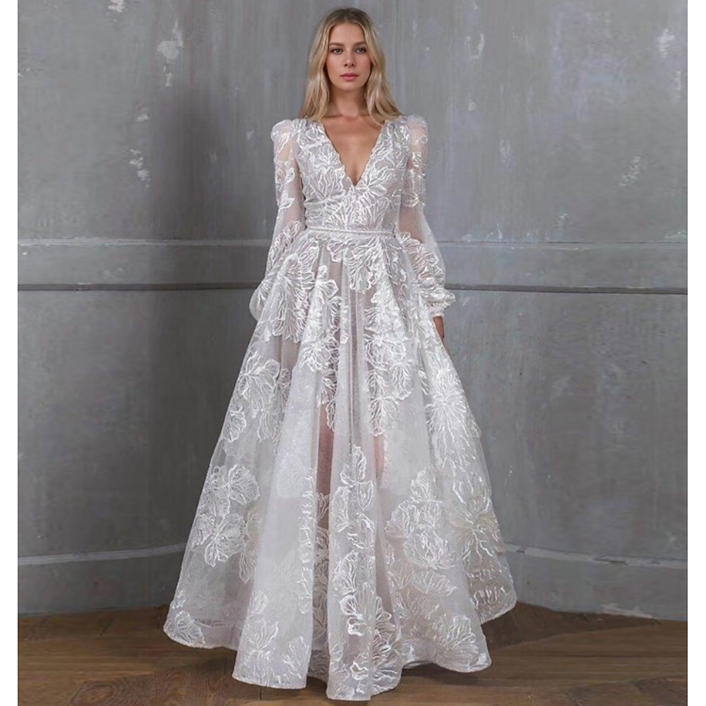 A-Linie Abendkleider Elegant Kleid Formal Hochzeit Boden-Länge Langarm V Ausschnitt Gürtel / Schärpe Spitze mit Stickerei 2025 Lightinthebox