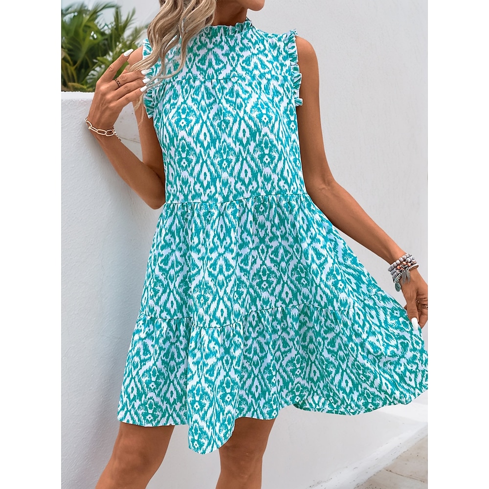 Damen Casual kleid Boho-Kleid Böhmen Vintage Ethnisch Urlaub Täglich Regular Fit Geometrisch Ärmellos Rollkragen Blau Sommer Lightinthebox