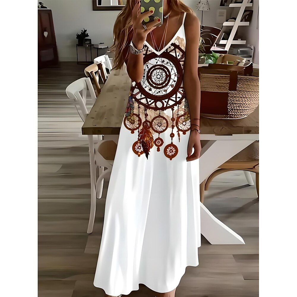 Damen Maxidress Casual kleid A Linie Kleid skims dress Urlaub Vintage Ethnisch Täglich Regular Fit Paisley-Muster Ärmellos V Ausschnitt Weiß Sommer Frühling Herbst Lightinthebox