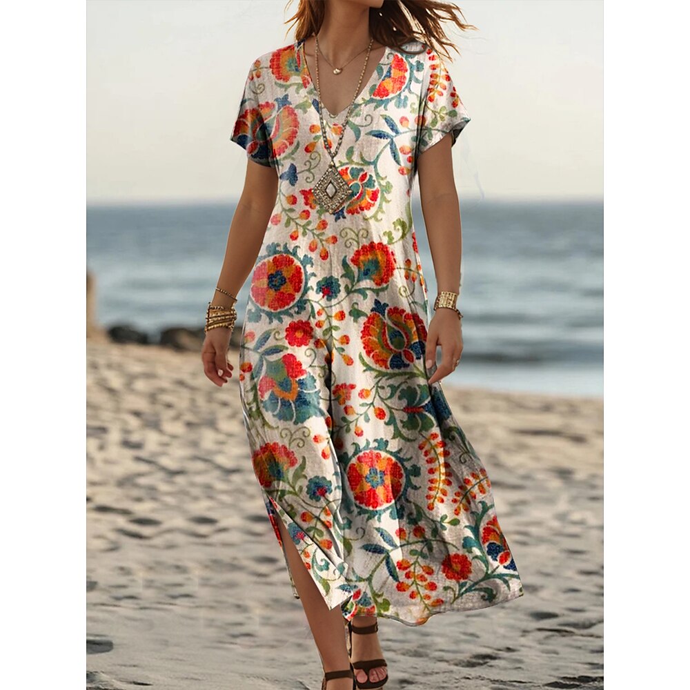 Damen Maxidress Casual kleid A Linie Kleid Urlaub Tropisch Brautkleider schlicht Urlaub Täglich Regular Fit Blumen Blatt Tropisch Kurzarm V Ausschnitt Rote Sommer Frühling Lightinthebox