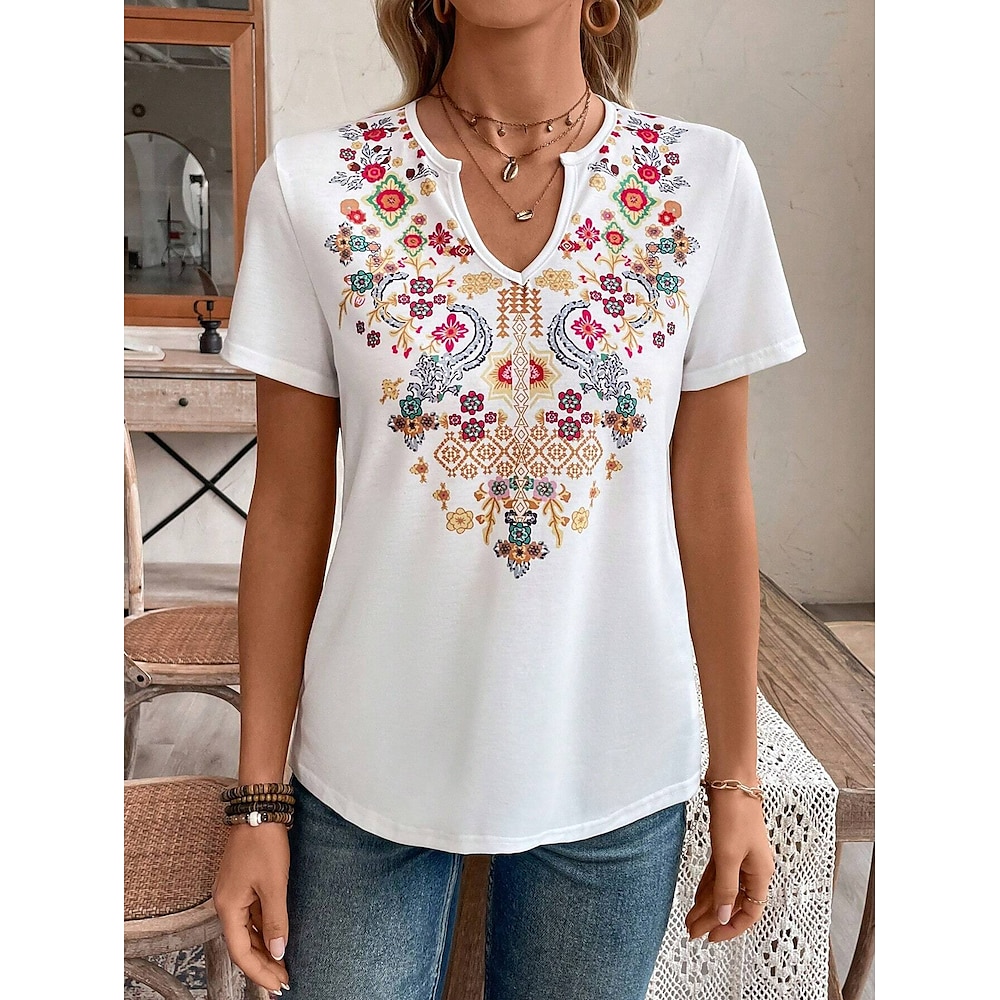 Damen T Shirt Blumen Brautkleider schlicht Kurzarm V Ausschnitt Normale Oberteile Täglich Bedruckt Weiß Sommer Lightinthebox