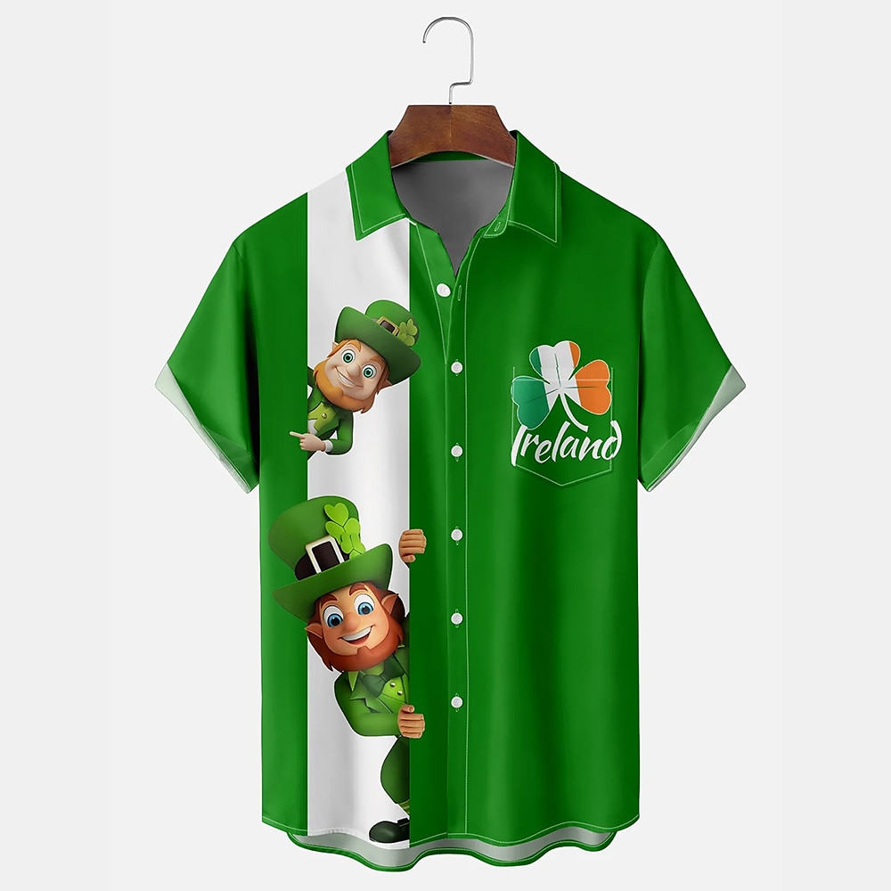 St. Patricks Day Herren Vierblättriges Kleeblatt Irische Flagge Kobold Hemd Knopfhemd Kurzarm Vintage Urlaub Festtage Festival Sommer Frühling Umlegekragen Hemden mit Kragen Eine Tasche vorne Grün Lightinthebox