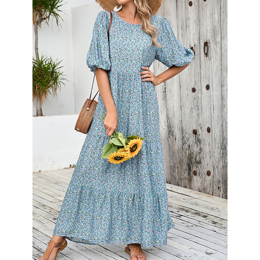 Damen Maxidress Kleid mit Puffärmeln Brautkleider schlicht Laternenärmel Urlaub Casual Täglich Regular Fit Graphic 3/4 Ärmel Rundhalsausschnitt Leicht Blau Sommer Lightinthebox