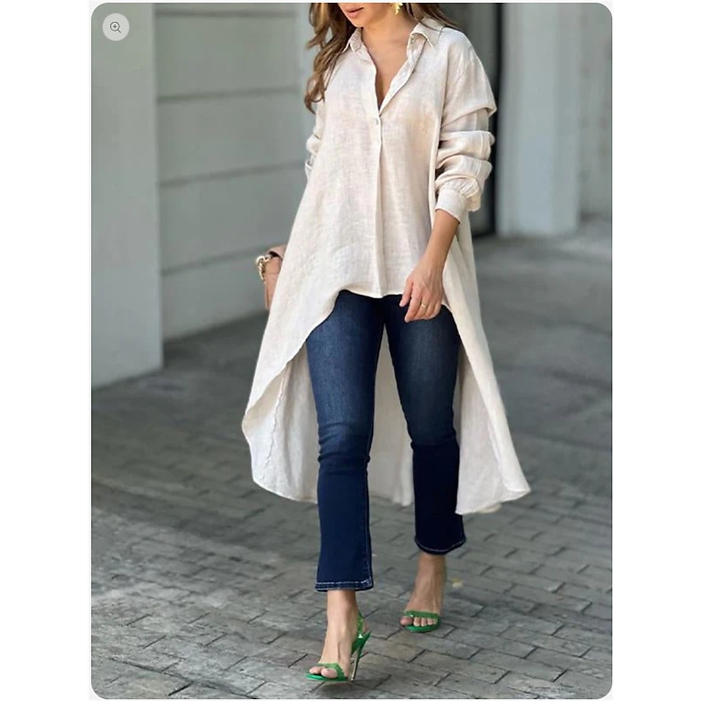 Damen Hemd Bluse Elegant Täglich Stilvoll Feste Farbe Lange Oberteile Langarm Hemdkragen Patchwork Knopf Lockere Passform Arbeit Täglich Festtage Rote Blau Beige Grau Frühling Herbst Lightinthebox