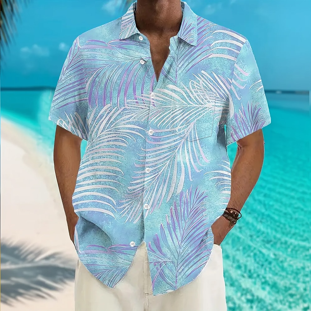 Herren Palmblatt Tropische Pflanzen Hawaiihemd Sommerhemd Knopfhemd Kurzarm Hawaiianisch Resort Urlaub Casual Festtage Sommer Umlegekragen 3D-Druck Hemden mit Kragen Eine Tasche vorne Blau Lightinthebox