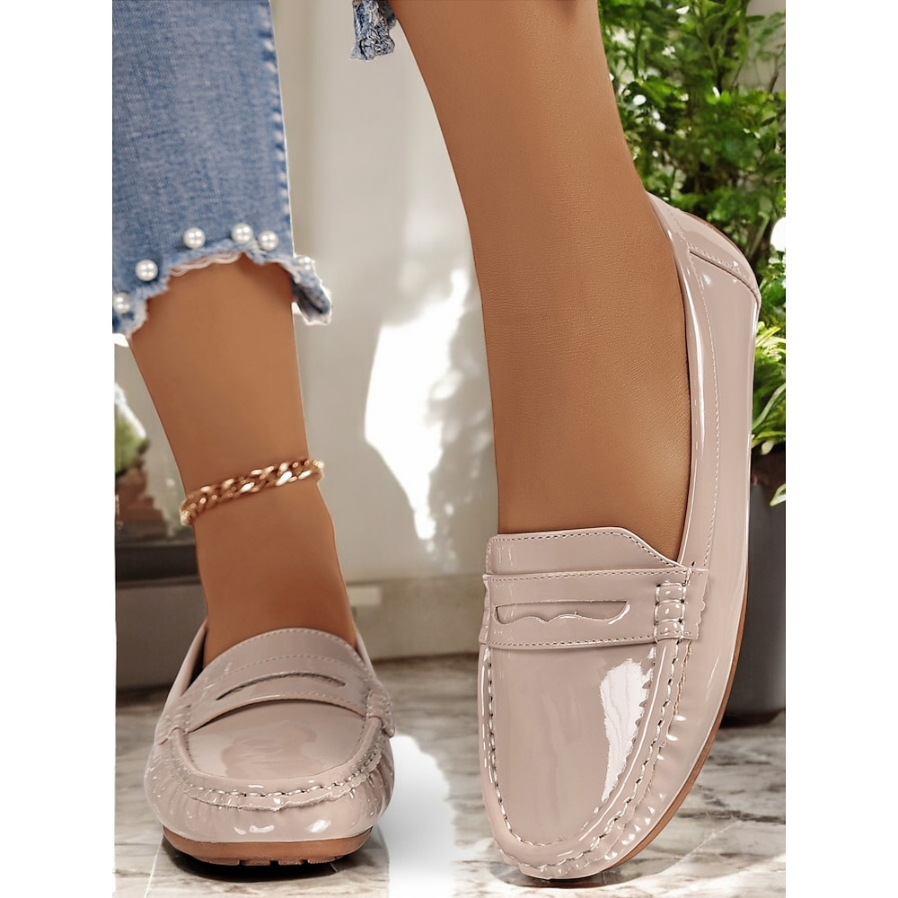 Damen Halbschuhe Klassische Loafer B¨¹ro Arbeit Flacher Absatz Runde Zehe Geschäftlich Komfort Minimalismus Kunstleder Lackleder Halbschuhe Weiß Beige Lightinthebox