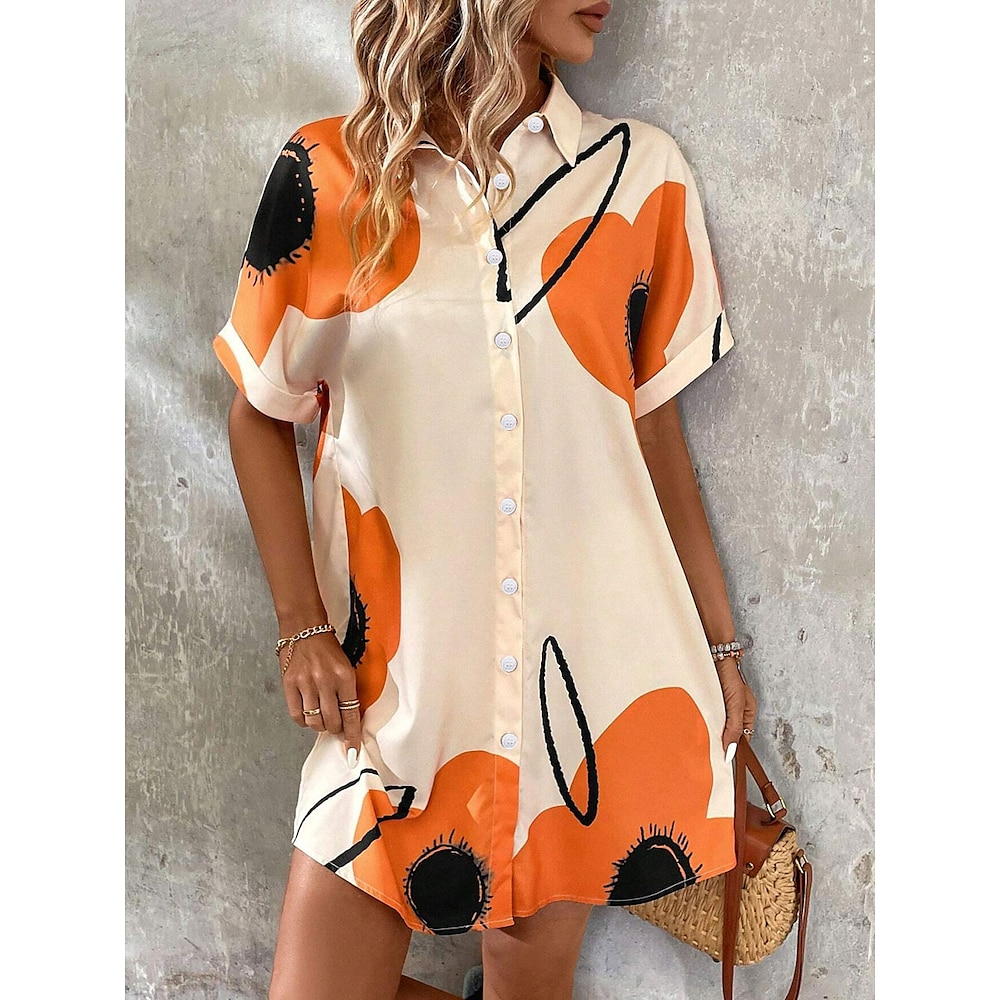 Damen Minikleid blusenkleid Elegant Vintage Stilvoll Urlaub Casual Täglich Regular Fit Blumen Kurzarm Hemdkragen Orange Sommer Lightinthebox